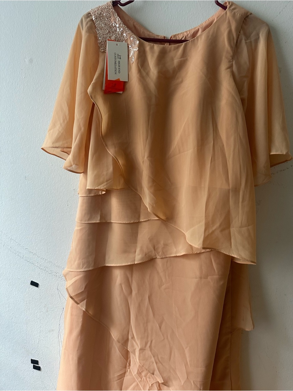 Layered Chiffon Midi Dress in Peach with Embellished Shoulder